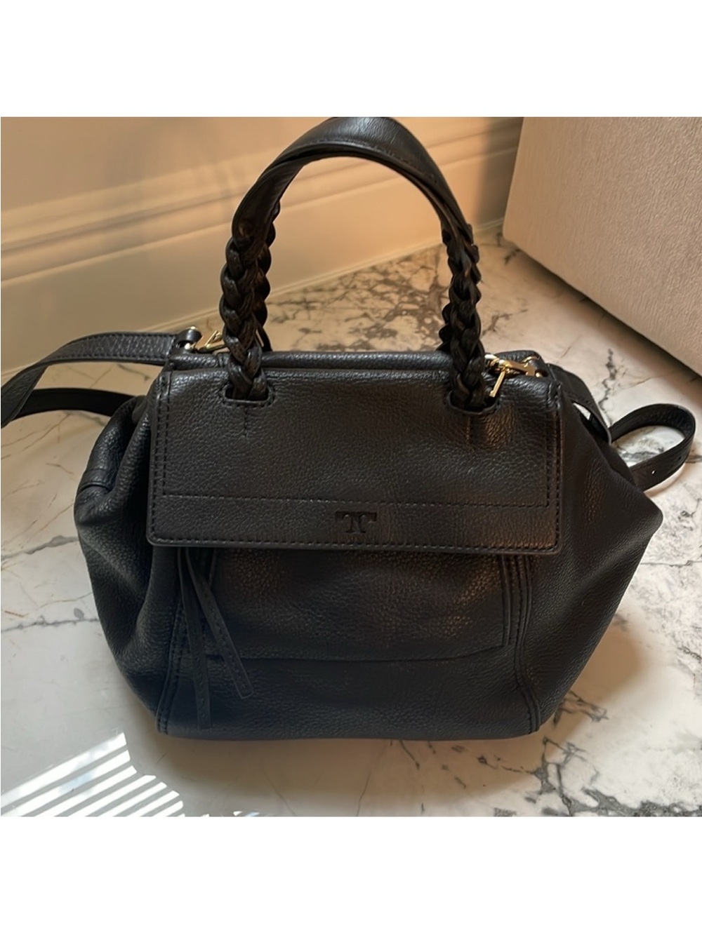 Tory Burch Black Pebbled Leather Shoulder Bag with Braided Handles